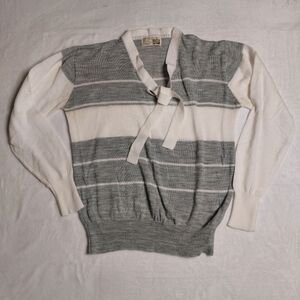 Sears vintage gray and white tie neck stripe sweater size medium.